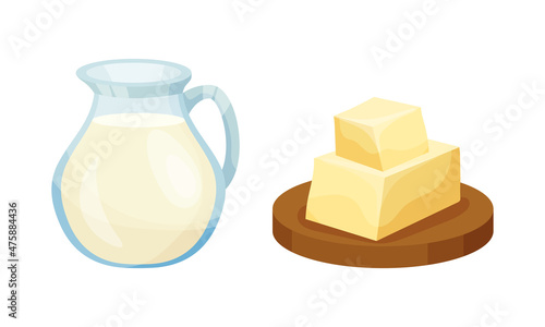 Ingredients for pasta cooking set. Glass pitcher of fresh milk and butter vector illustration