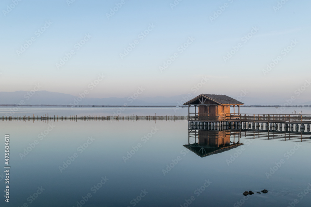 Traditional fishing house at Mesolonghi lagoon in Greece