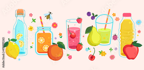Set hand drawn summer juices. Healthy cocktails with slice of fruits and berries for hot season. Template design for diet menu, cafe. Fresh smoothies with lemon,orange,cherry,strawberry,pear, apple.