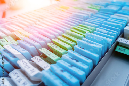 Multicolored patient tissue blocks at modern laboratory photo