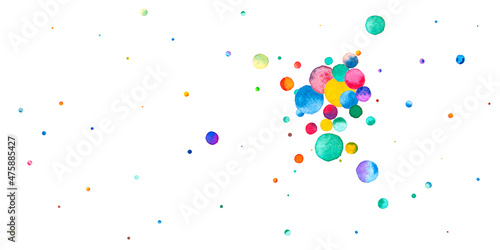 Watercolor confetti on white background. Alive rainbow colored dots. Happy celebration wide colorful bright card. Creative hand painted confetti.