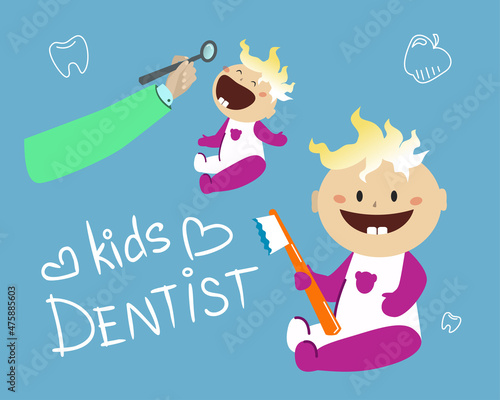 child with a toothbrush. Dental examination. Vector illustration for pediatric dentistry