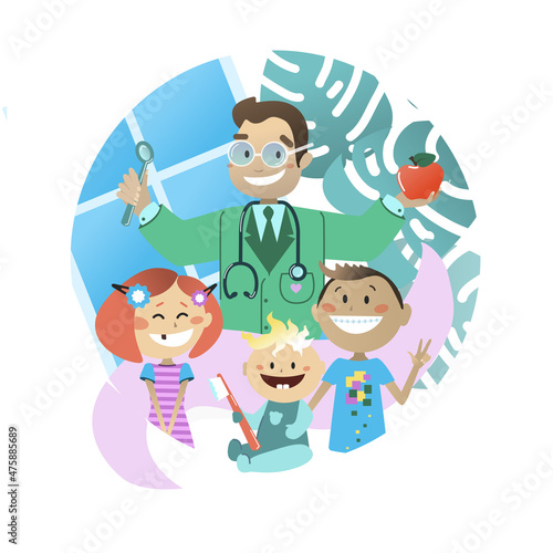 Smiling children stand next to a pediatric dentist. Vector illustration for pediatric dentistry.