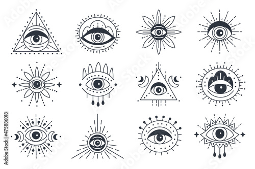Evil doodle eye. Hand drawn witchcraft eye talisman, magical religion sacred symbols in a trending minimal linear style. For t-shirt prints, boho posters, cards, covers, logo designs and tattoos.