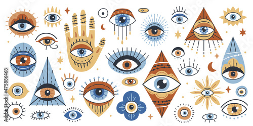 Evil Eye, Hamsa, Hand of Fatima. Set of evil, ra, turkish, greek and esoteric eye different shapes. Hand drawn various talismans. Flat design. Contemporary modern trendy vector illustration.