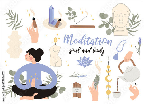 Meditation set yoga elements clip art soul relax slow down harmony spiritual wellbeing mindfulness candle palo santo crystal incense