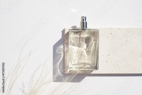 Transparent bottle of perfume on stone plate on a white background. Fragrance presentation with daylight. Trending concept in natural materials with dry plant. Women's and men's essence. photo