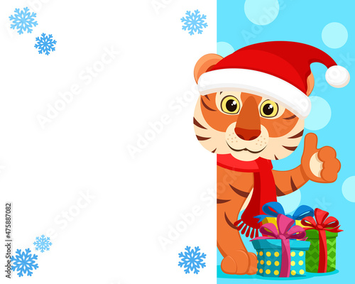 Tiger in a Christmas hat looks out, space for text. Christmas character