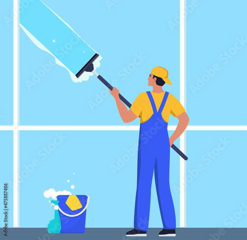 Man in blue and yellow uniform cleaning window with glass scraper and washing spray. Housekeeping service, office cleaning service, spring cleaning duty. Vector illustration.