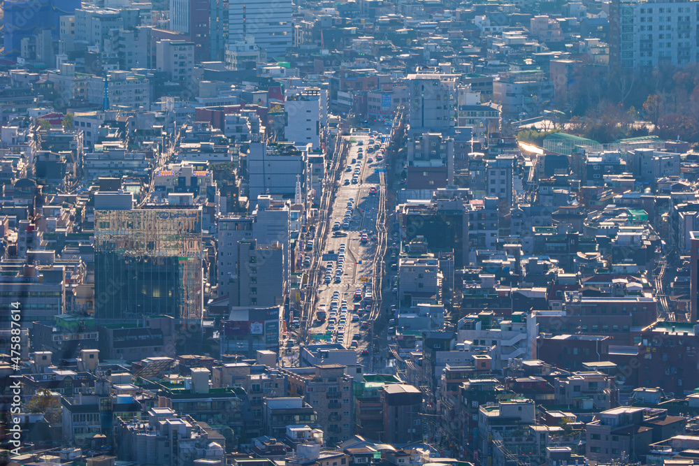Cityscape of Seoul, South Korea from the top of mountain in the daytime