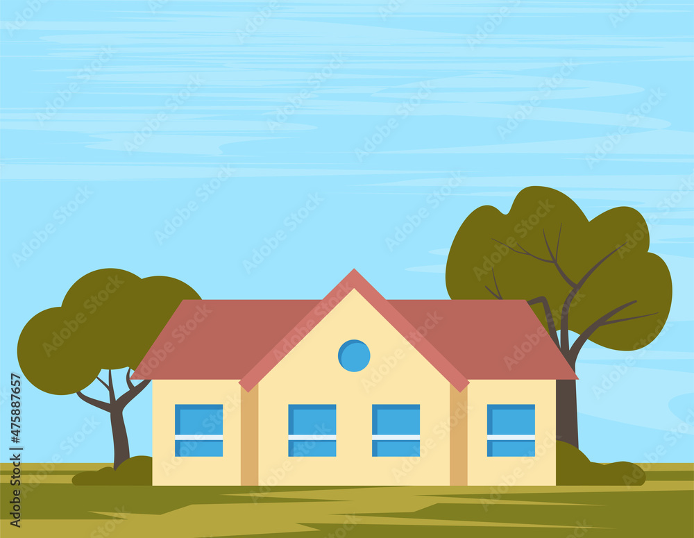 Suburban American house exterior front view and some trees. private house, cottage, vector Illustration.
