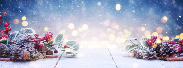 Christmas holidays scenic background with wooden table and christmas decoration.