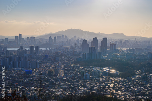 Cityscape of Seoul, South Korea from the top of mountain in the daytime