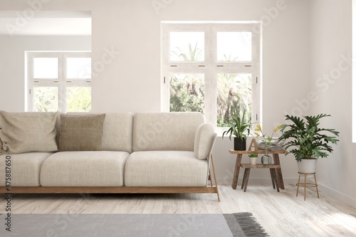 White living room with sofa. Scandinavian interior design. 3D illustration