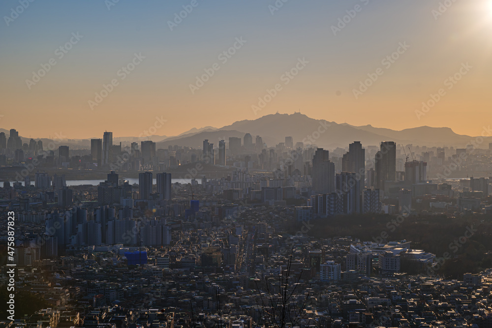 Cityscape of Seoul, South Korea from the top of mountain in the daytime