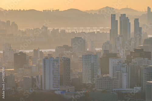 Cityscape of Seoul, South Korea from the top of mountain in the daytime