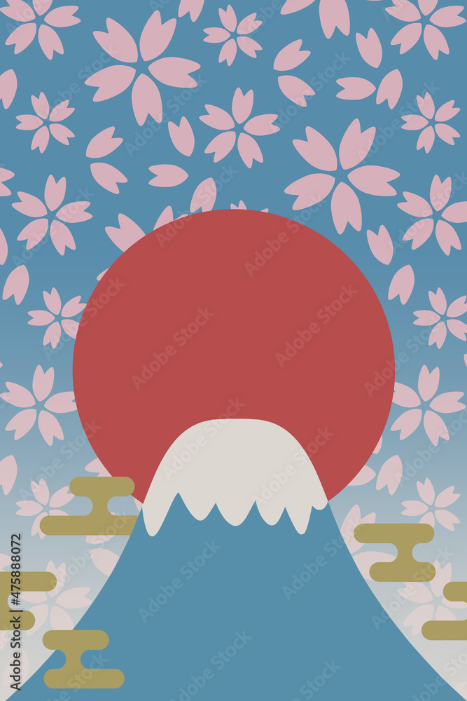 富士山と初日の出の背景 縦位置 浮世絵風 桜の花びら