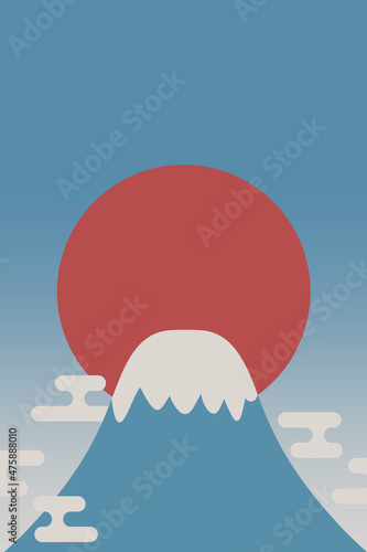 富士山と初日の出の背景 縦位置 浮世絵風 © ベルベットR