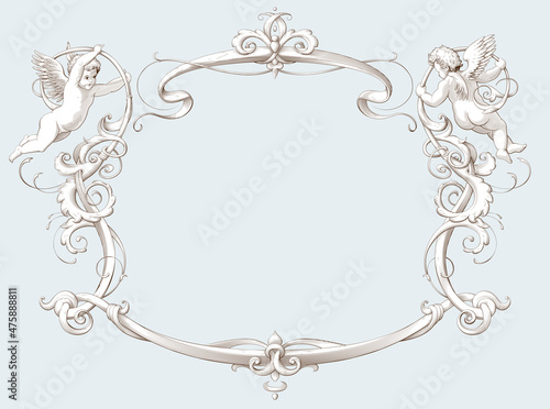 Elegant vintage border frame with cupids for weddings, Valentine`s day and other holidays. Decorative element in the style of vintage engraving with Baroque ornament. Hand drawn vector illustration.
