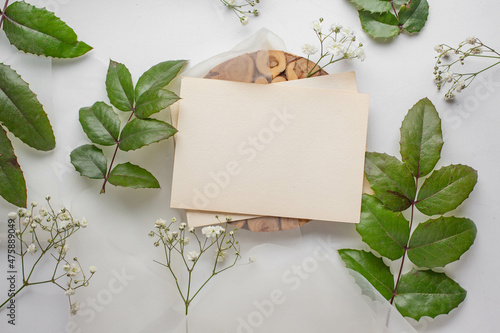 mockup card with plants. invitation card with environment Mockup with postcardcard mockup with white flowers and envelope. wedding invitation 