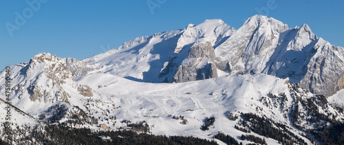 Panorama sul Ghiacciaio della Marmolada in inverno, paesaggio innevato verso le vette e le piste da sci di Canazei in Trentino photo