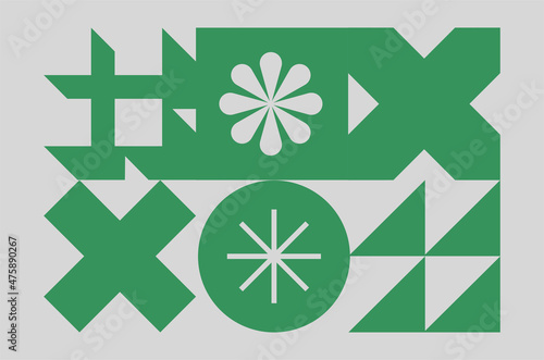 Green trendy geometric shapes flat elements of a pattern. Pop art style texture. Modern abstract design for poster and cover template background.
