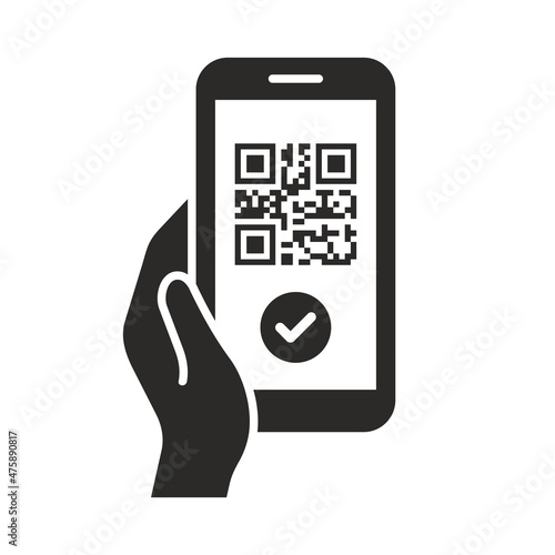 Vaccine certificate icon. Vaccination status on mobile device. QR code. Vaccine passport. COVID pass. Fully vaccinated. Vector icon isolated on white background.