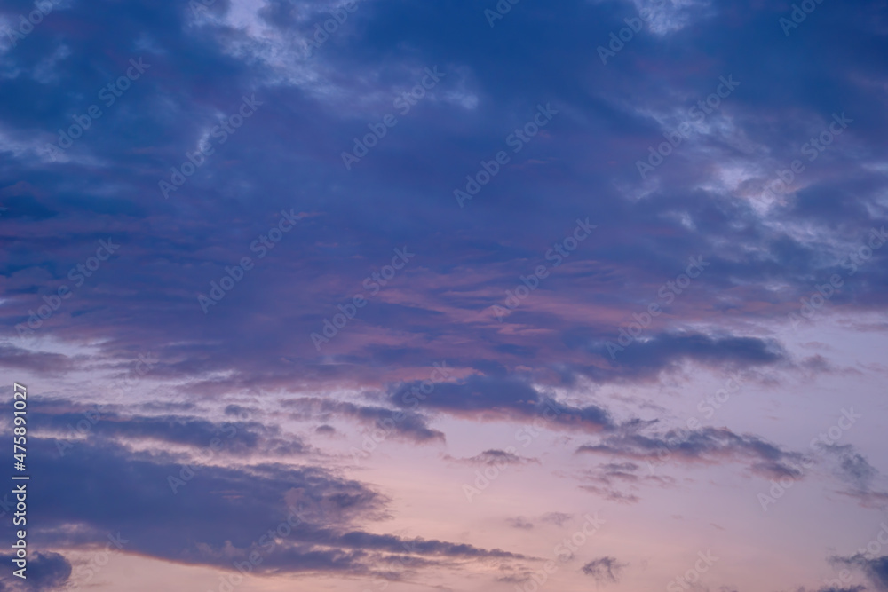 Fototapeta premium Beautiful view of sky with clouds at sunrise. Partly cloudy. Colorful sunset. Natural blue sky background texture, beautiful color.