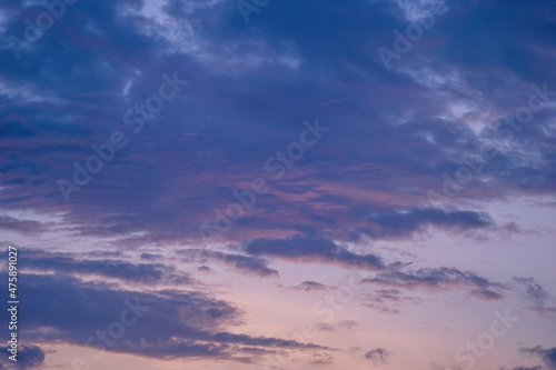 Beautiful view of sky with clouds at sunrise. Partly cloudy. Colorful sunset. Natural blue sky background texture, beautiful color.
