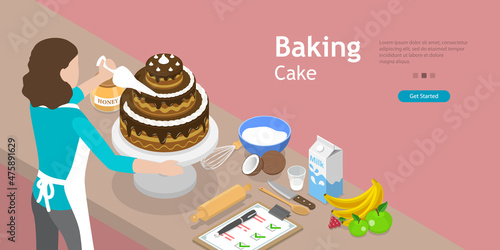 3D Isometric Flat Vector Conceptual Illustration of Cake Baking, Professional Confectioner Chef
