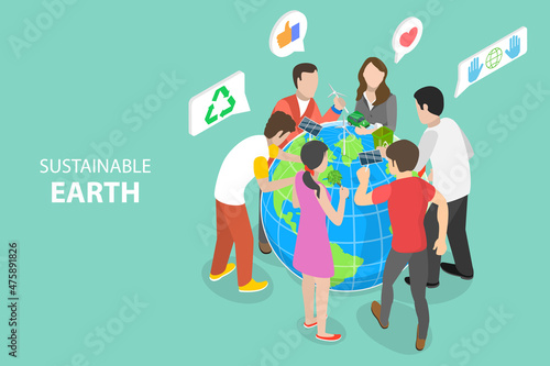 3D Isometric Flat Vector Conceptual Illustration of Sustainable Earth, Environmental Protection, Use of Eco Friendly and Sustainable Technologies