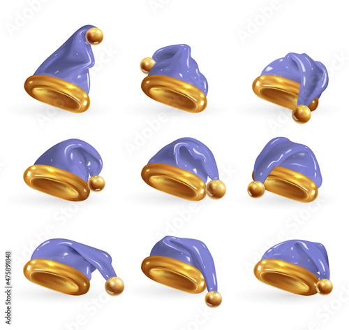 Set of 3D cartoon Santa Claus hats in trendy Very peri color, the colors of 2022