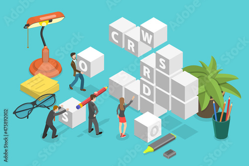 3D Isometric Flat Vector Conceptual Illustration of Crossword Solving, Logic Gamess for Brain Training