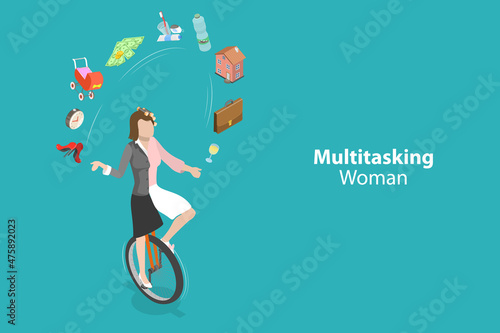 3D Isometric Flat Vector Conceptual Illustration of Multitasking Woman, Efficient Time Management
