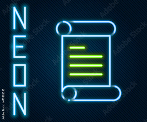 Glowing neon line Decree, paper, parchment, scroll icon icon isolated on black background. Colorful outline concept. Vector