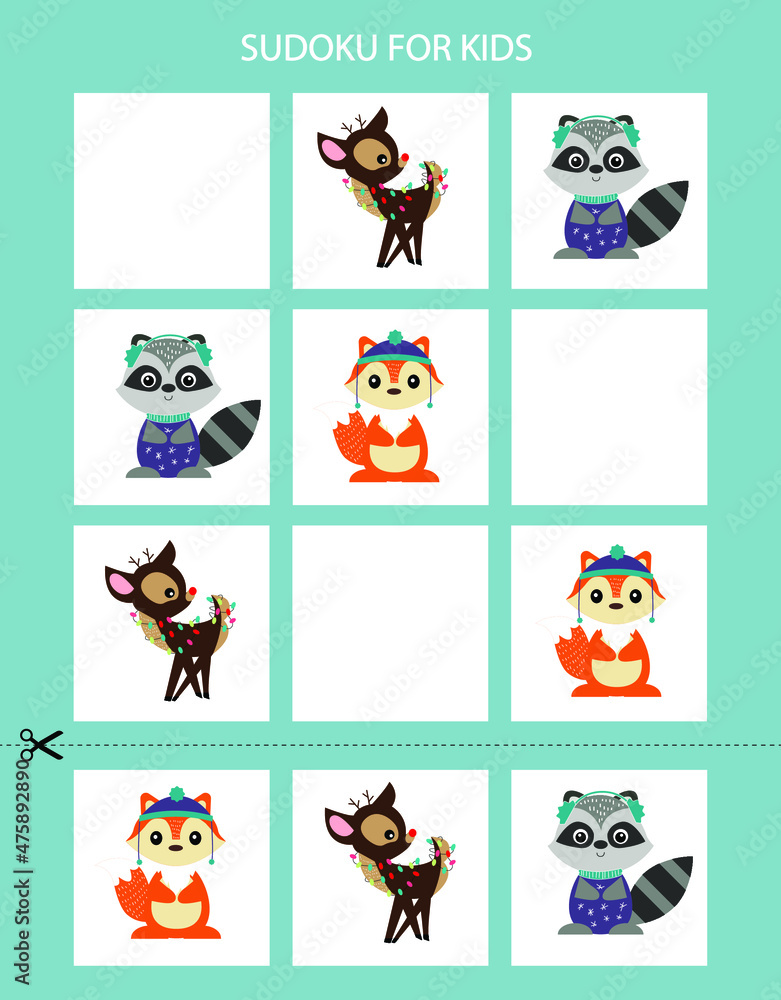 Sudoku game for kids. Winter set of animals.