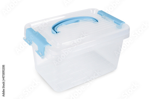 Plastic container storage box with a blue element isolated on white photo