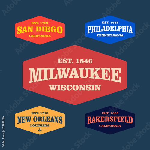 Retro badge Milwaukee, San Diego, Philadelphia, New Orleans, Bakersfield, USA. Visit city logo template for banner, flyer and branding photo