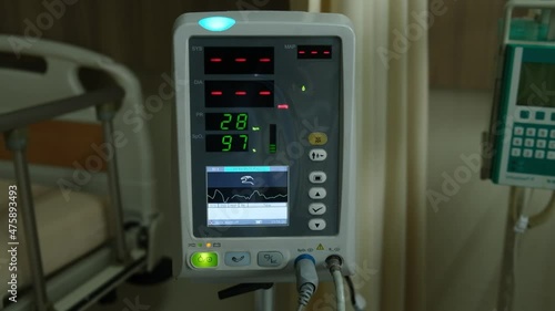 Low light handheld footage with noise effect added of vital sign monitor used in a hospital.