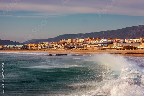 Levant wind making waves in ocean, Balneario, Tarifa, Cadiz, Andalusia, Spain photo