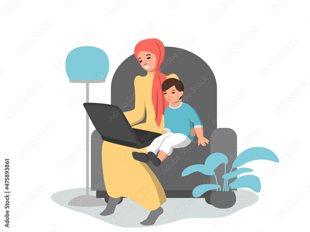 Flat drawing of a woman in a hijab with a child at her laptop. Watching educational videos and cartoons online, socializing, lessons and games online, video conferencing. Vector illustration. Flat drawing of a woman in a hijab with a child at her laptop. Watching educational videos and cartoons online, socializing, lessons and games online, video conferencing. Vector illustration.