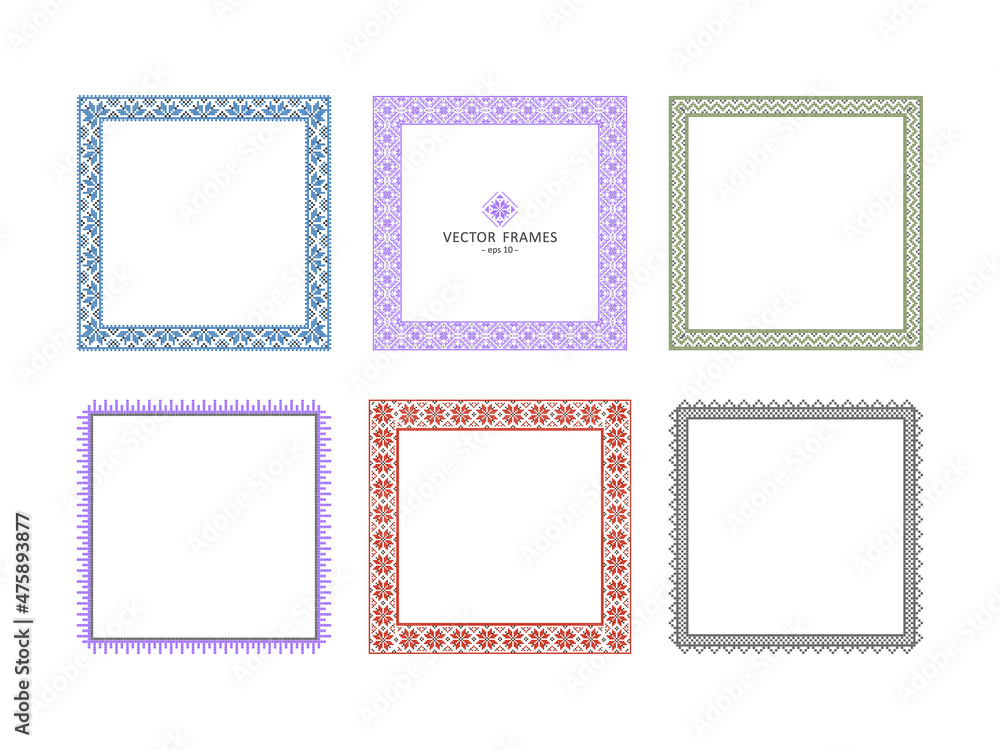 Set of decorative frames with traditional cross-stitch elements. Folklore embroidery with stylized flowers. Vector illustration on white background. Set of decorative frames with traditional cross-stitch elements. Folklore embroidery with stylized flowers. Vector illustration on white background.