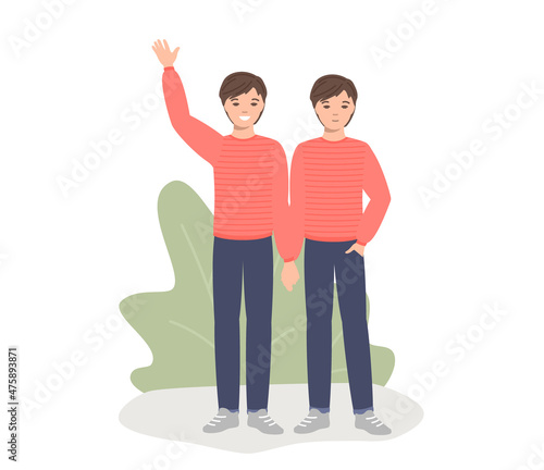 Two cheerful positive boys - twins. Doubles, twin children - their similarity and difference in characters, the influence of lifestyle on character, brothers, friendship, mutual help, find a double.