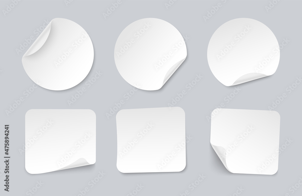 Set of adhesive stickers with curved corner. Realistic white paper round and square stickers. Blank mockup sticky label. Empty promotional tags. Vector illustration. Set of adhesive stickers with curved corner. Realistic white paper round and square stickers. Blank mockup sticky label. Empty promotional tags. Vector illustration.
