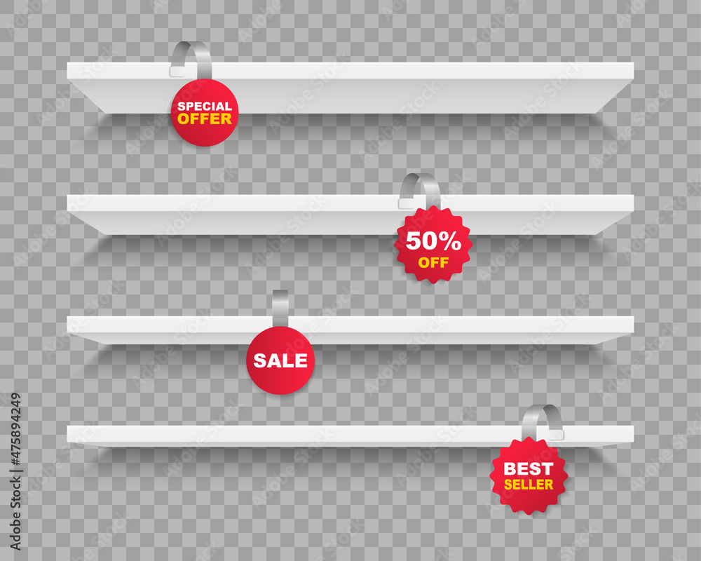 Store shelves with advertising wobbler labels. Realistic wobblers with