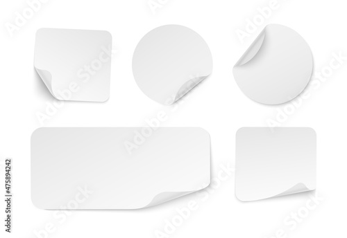 Set of adhesive stickers with curved corner. Realistic white paper round, rectangular and square stickers. Blank mockup sticky label. Empty promotional tags. Vector illustration.