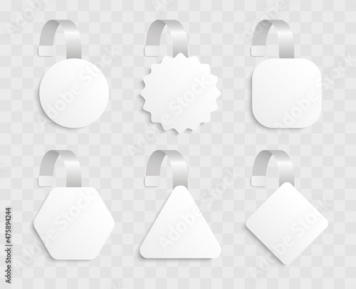 Advertising wobbler labels. White wobblers template. Supermarket shelf price label or sales point tag. Empty 3d promotional tags. Discount plastic tags. Vector illustration.