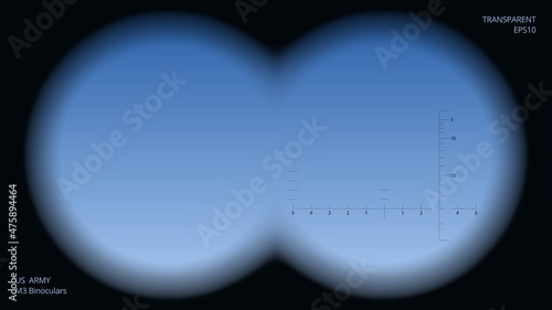 View through binoculars. Realistic vector template with transparent layer. Blurred frame with an actual graduated reticle scale. Wide optical field of view. Blue sky in sight photo