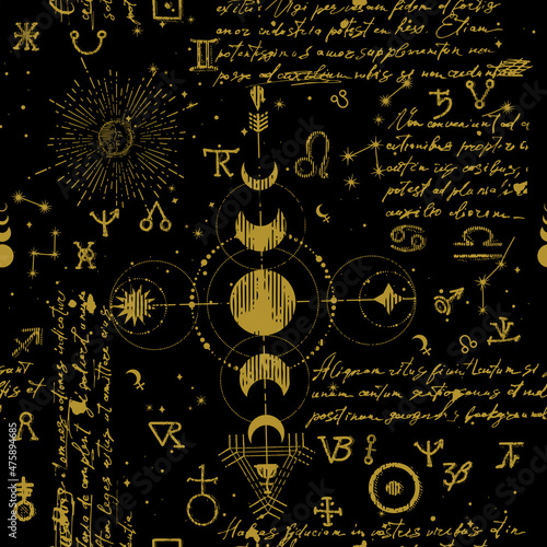 Seamless esoteric pattern. Astrological, magical and esoteric symbols. Background from a manuscript with occult sketches and sloppy handwritten text in the style of a sketch