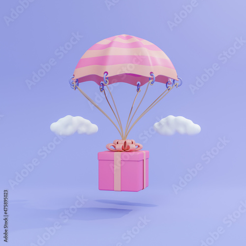 3d illustration flying gift box with parachute and clouds
